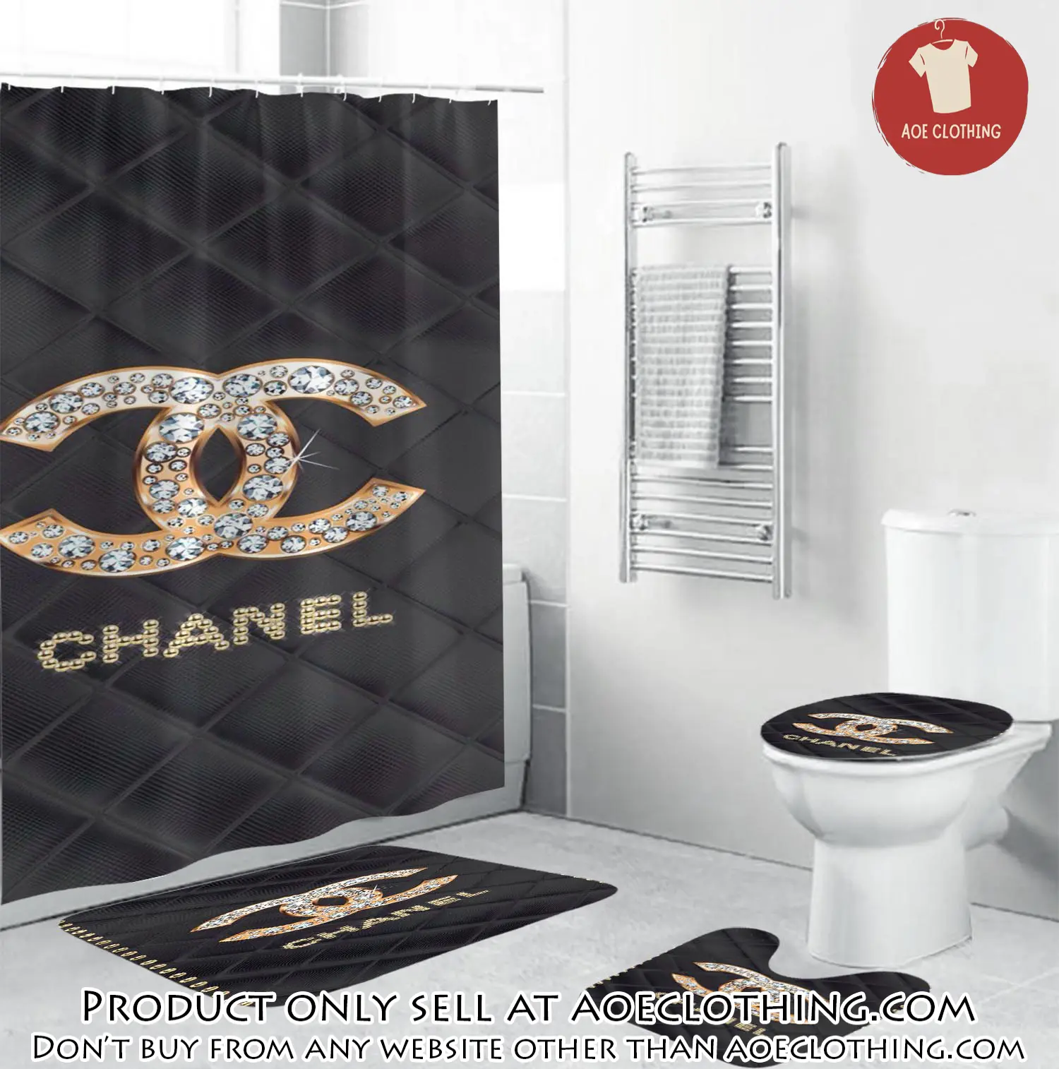 Coco chanel golden logo with full of diamonds in argyle background bathroom set shower curtain aoe0655582